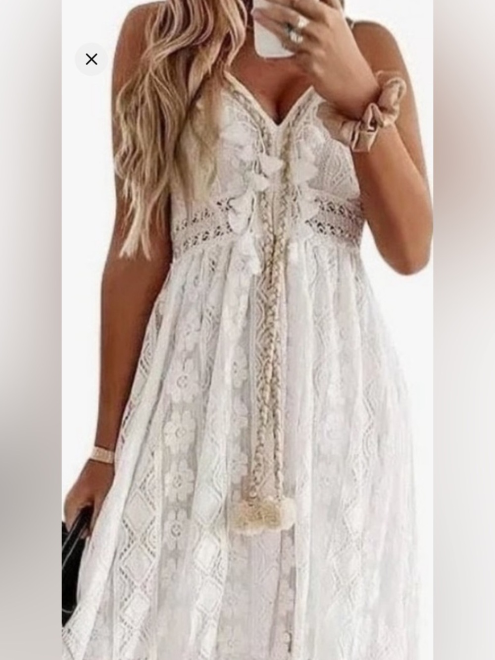 Cream Lace Boho Dress with Pom-Tie Straps